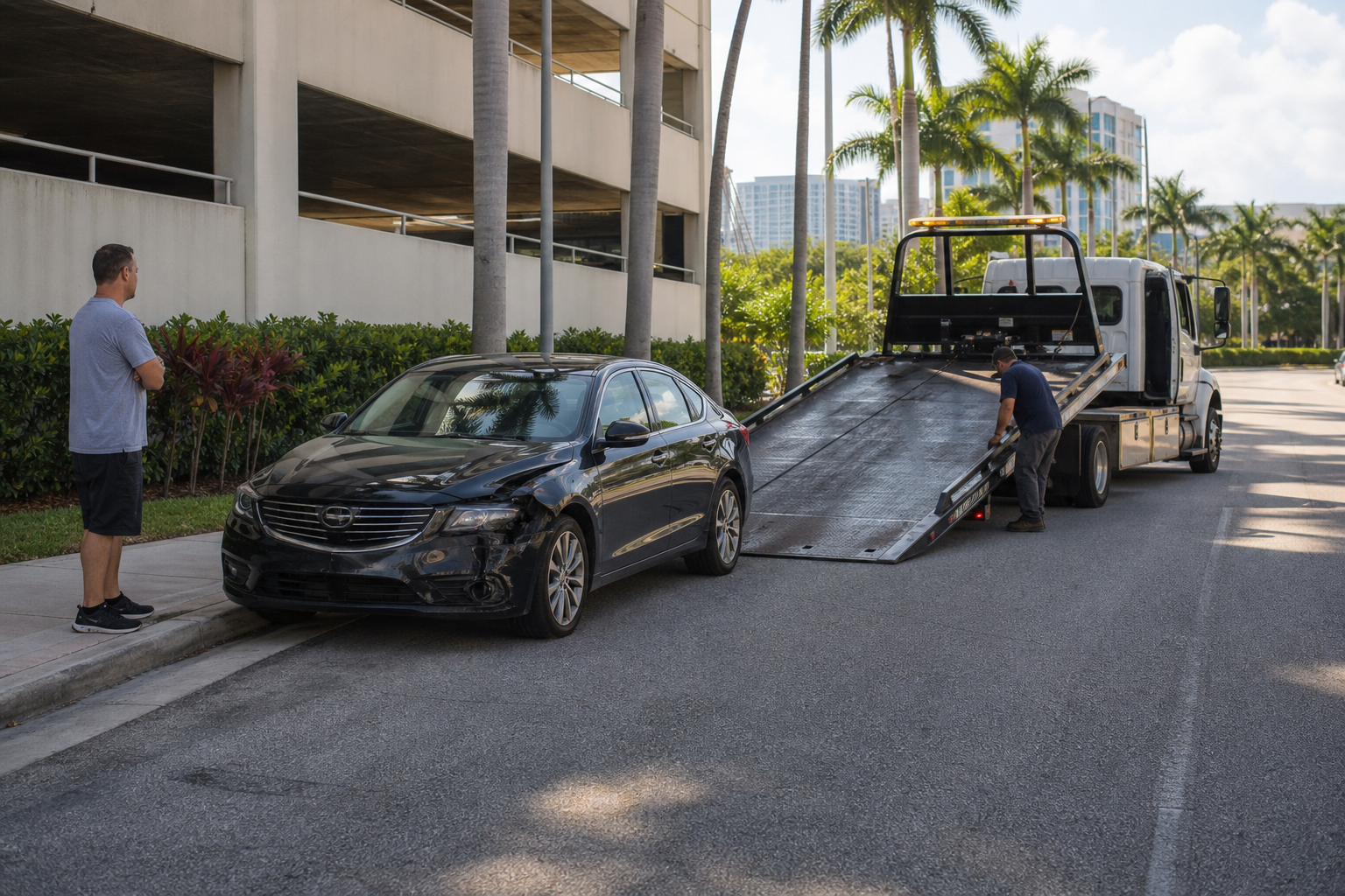 Damaged sedan stopped safely near a parking garage exit in West Palm Beach with a flatbed tow truck preparing to load it