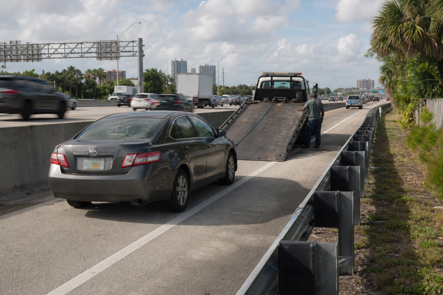 Disabled car on the shoulder of I-95 near West Palm Beach as a flatbed tow truck approaches from behind