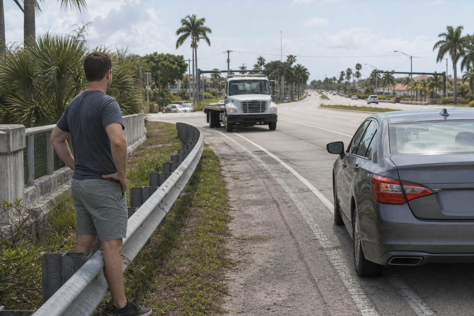 Driver standing safely away from a stalled sedan on the roadside in West Palm Beach, Florida, while a flatbed tow truck approaches