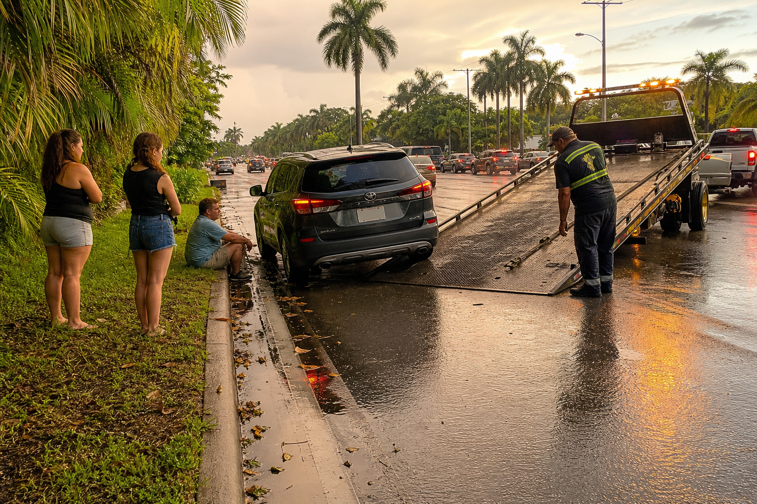 Flatbed tow operator preparing to load a disabled family crossover after summer rain in West Palm Beach