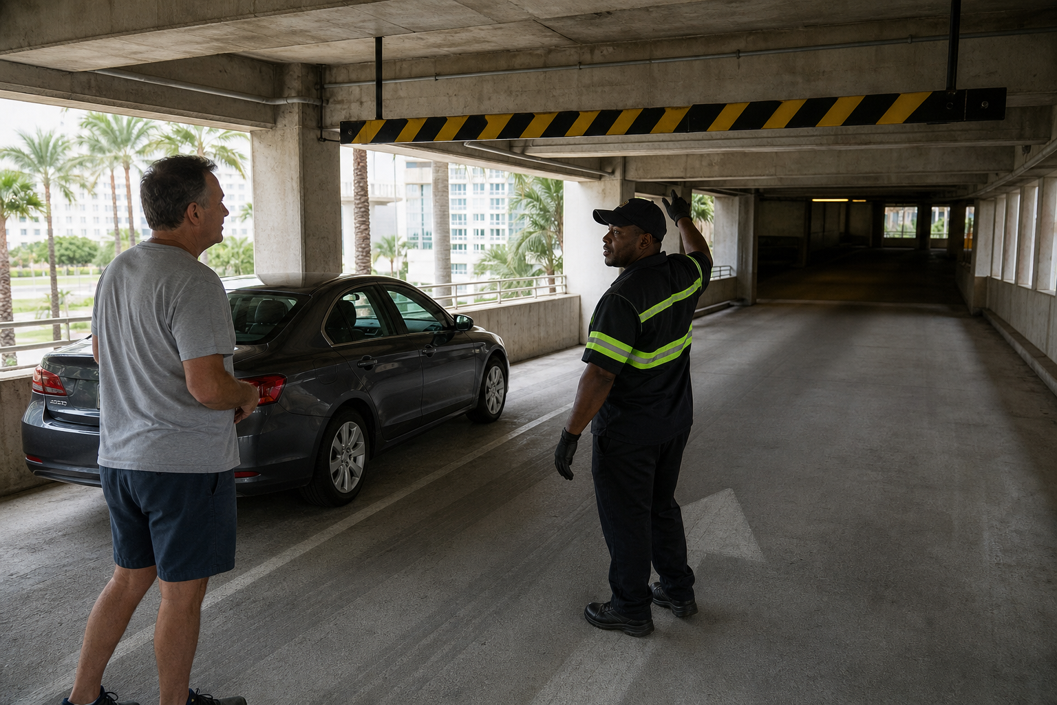 Tow operator assessing access to a disabled car near the entrance of a parking garage in West Palm Beach