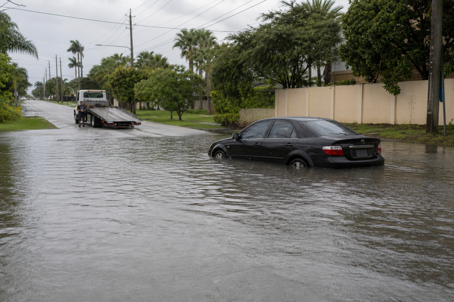 Flatbed tow truck waiting on dry pavement away from a flood-stalled car in West Palm Beach